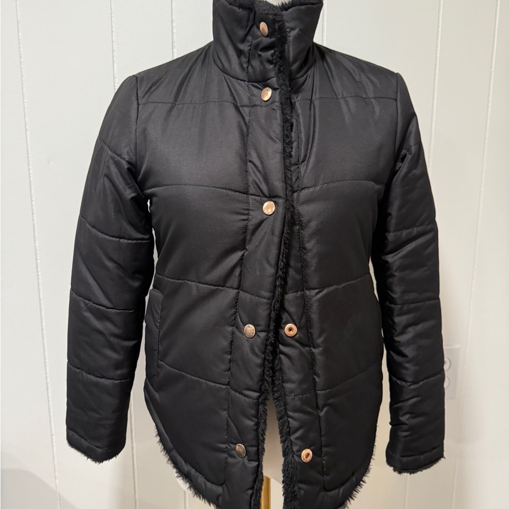 Rothschild Girls Reversible Black Puffer Coat with Gold Accents